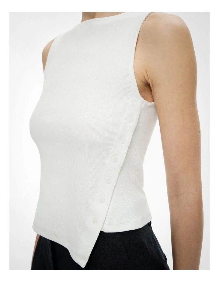 Asymmetrical Button Rib Tank Top in Fresh White image 3