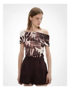 Off Shoulder Mesh Top in Dune Print