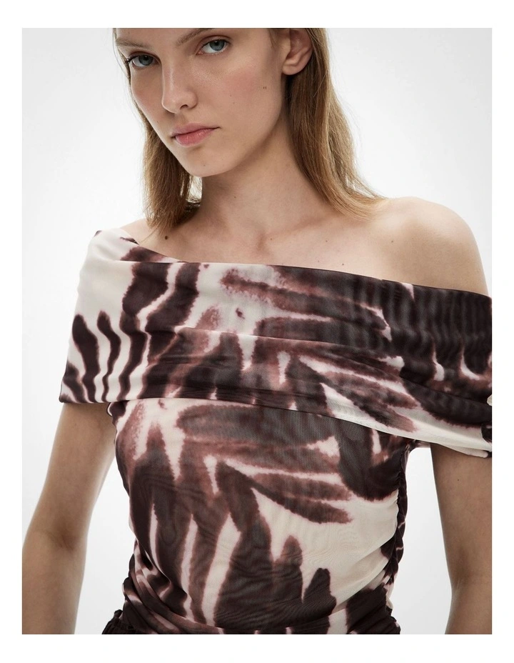 Off Shoulder Mesh Top in Dune Print image 3