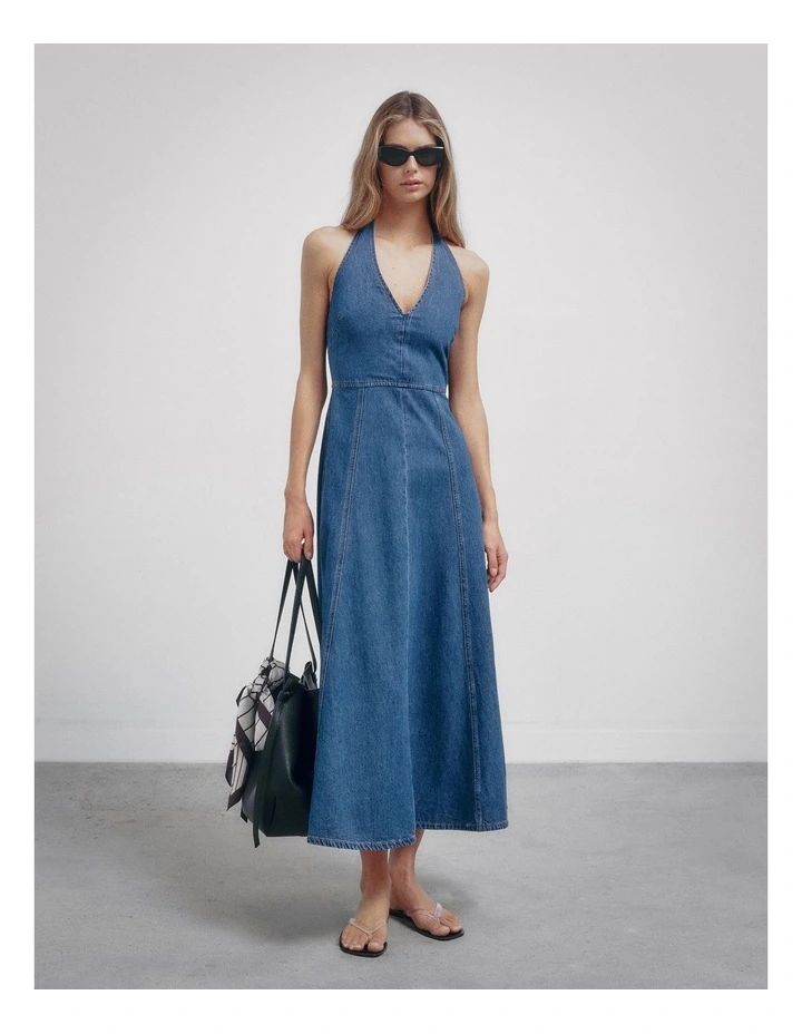 Denim Halter Dress in Indigo image 2