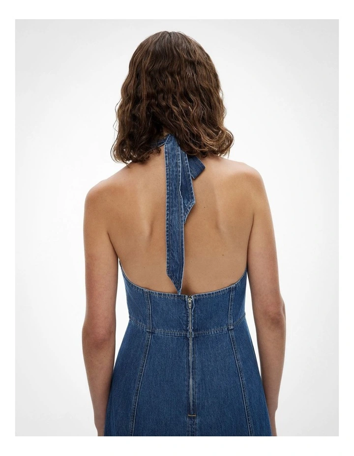 Denim Halter Dress in Indigo image 5