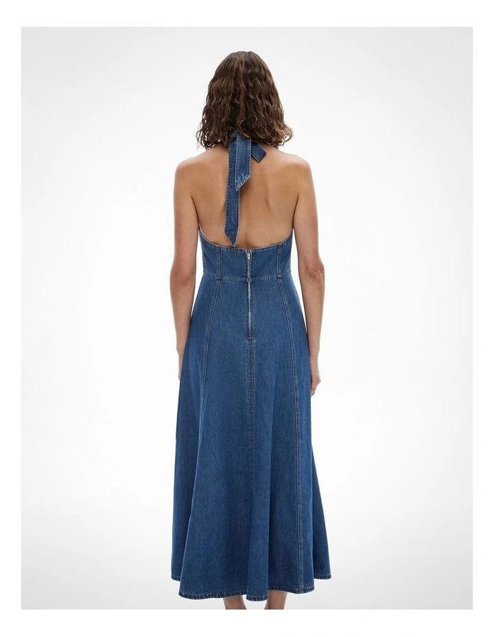 Denim Halter Dress in Indigo image 6