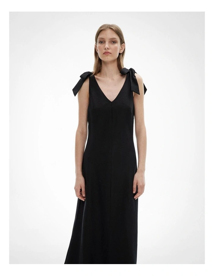 V-neck Linen Midi Dress in Black image 2