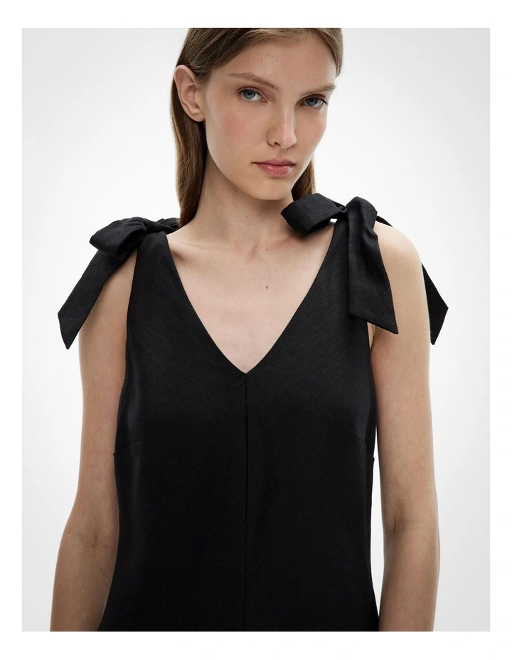 V-neck Linen Midi Dress in Black image 3