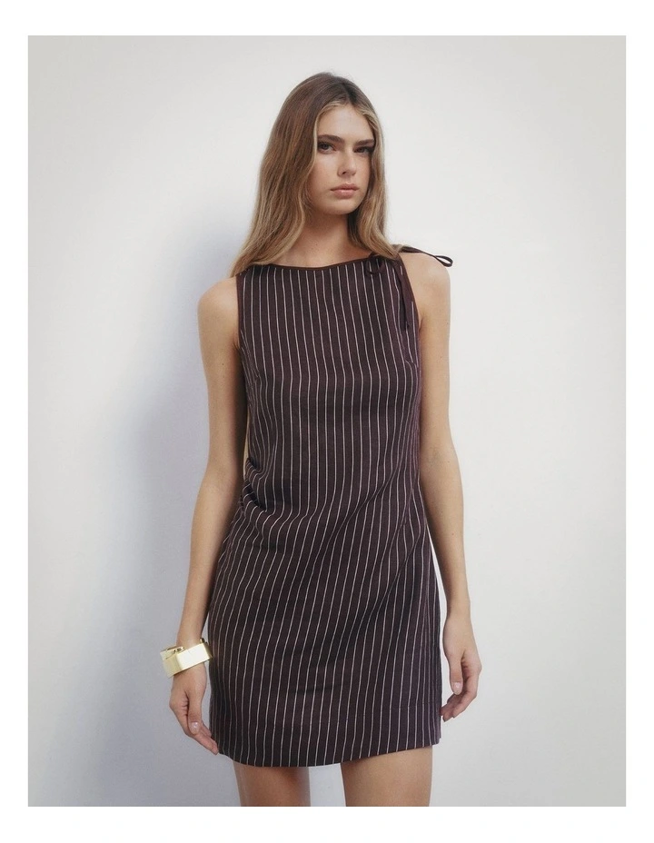 Tie Shoulder Mini Dress in Espresso Stripe image 2
