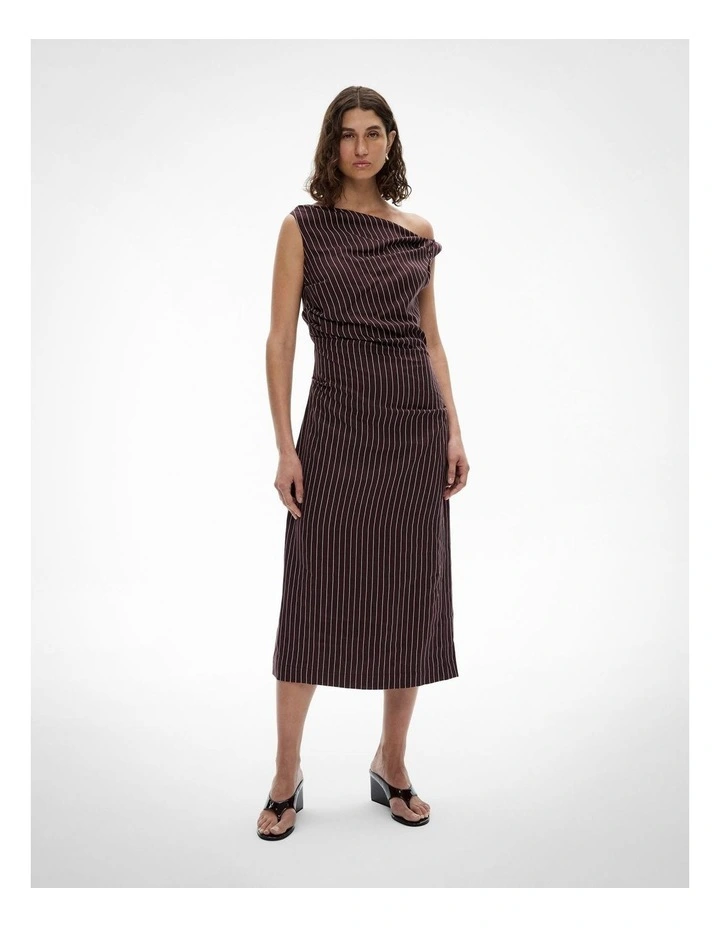 Twist Asymmetric Midi Dress in Espresso Stripe image 1