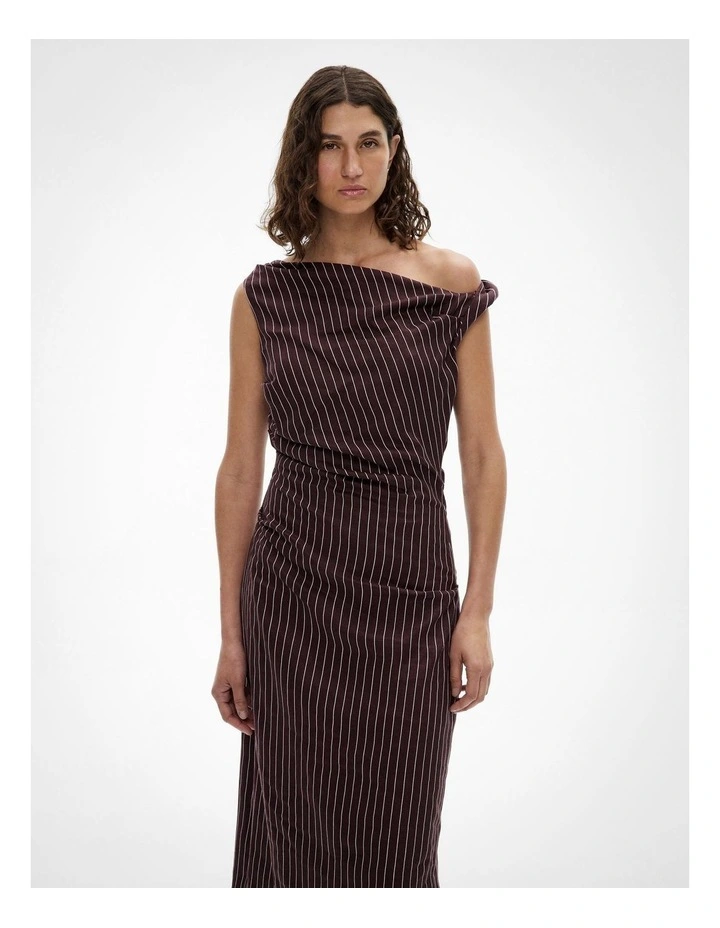 Twist Asymmetric Midi Dress in Espresso Stripe image 2