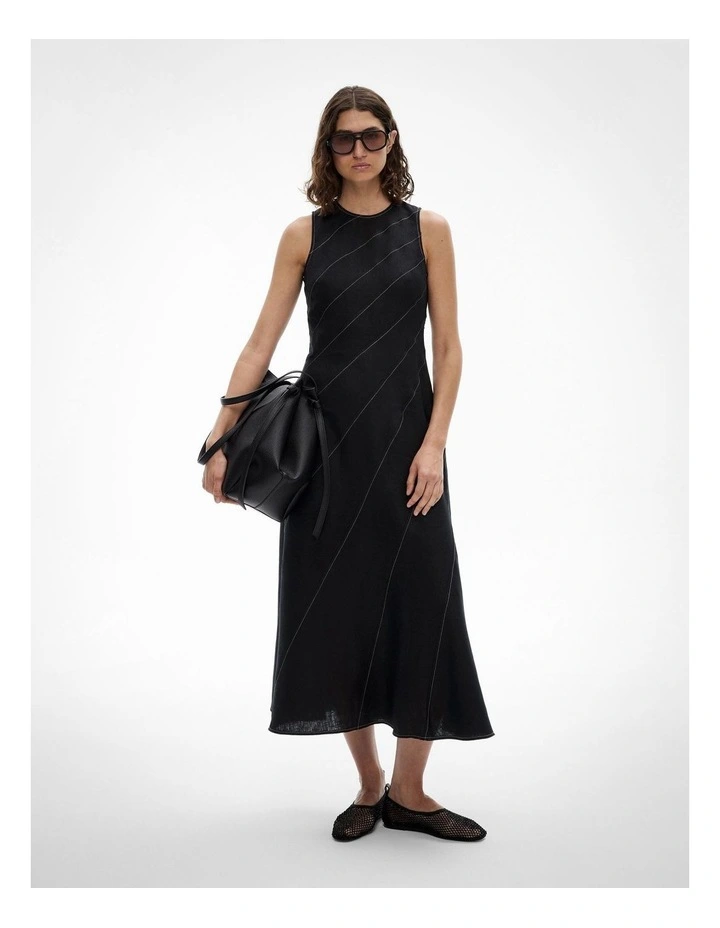 Asymmetric Seam Linen Dress in Black image 1