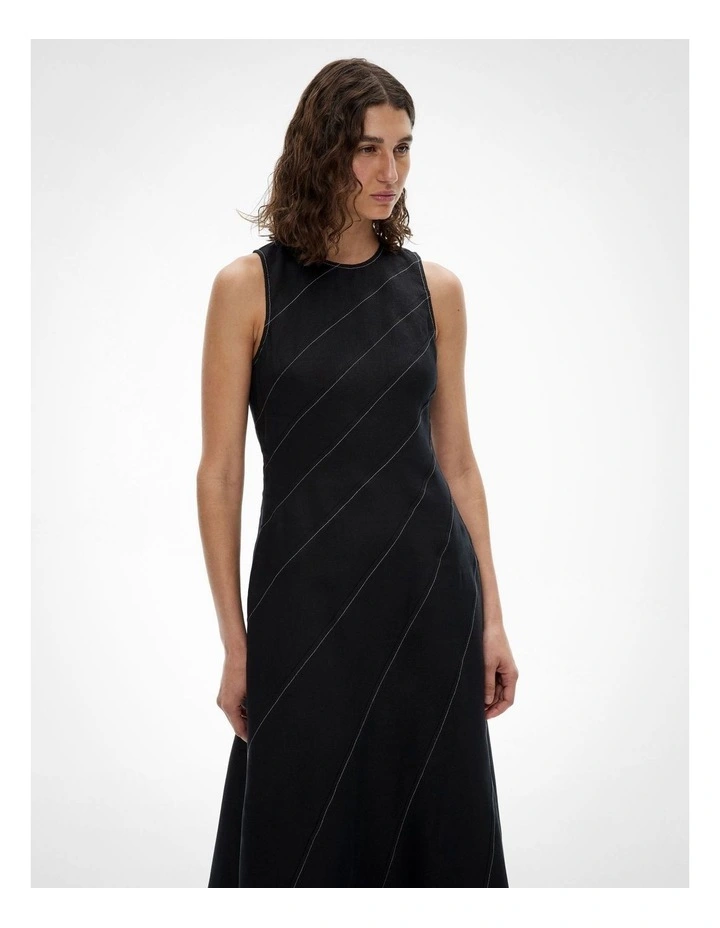 Asymmetric Seam Linen Dress in Black image 2