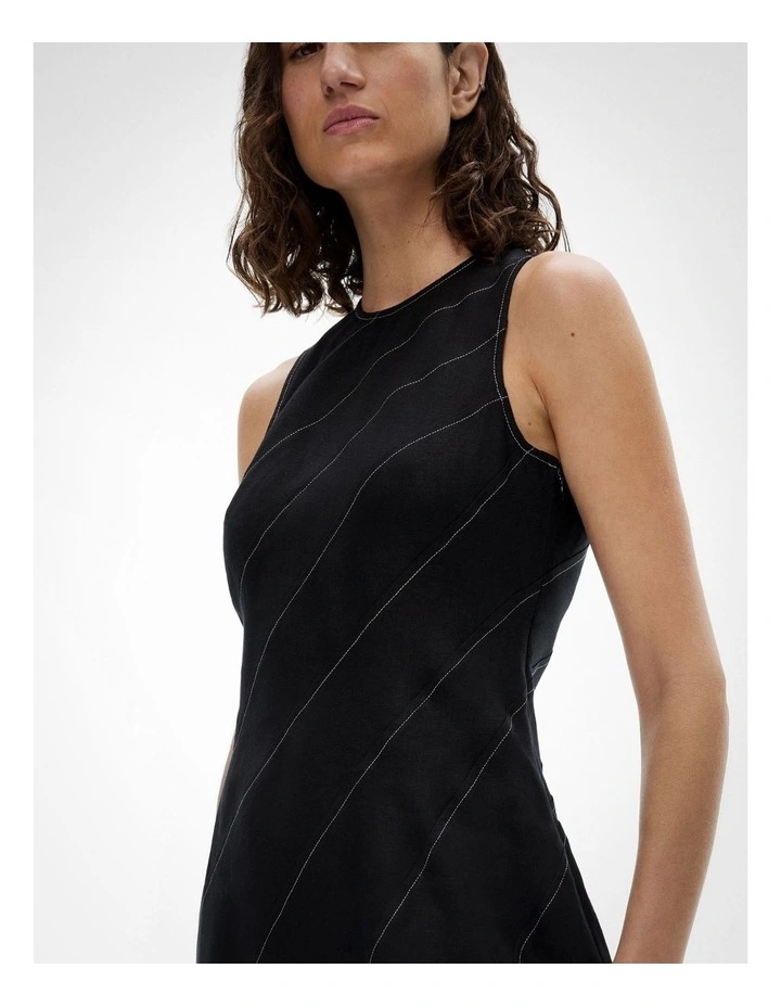 Asymmetric Seam Linen Dress in Black image 3