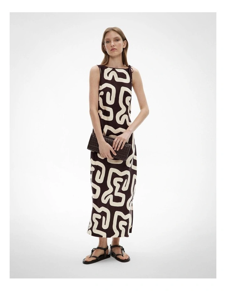 Tie Shoulder Midi Dress in Espresso Block Print image 1