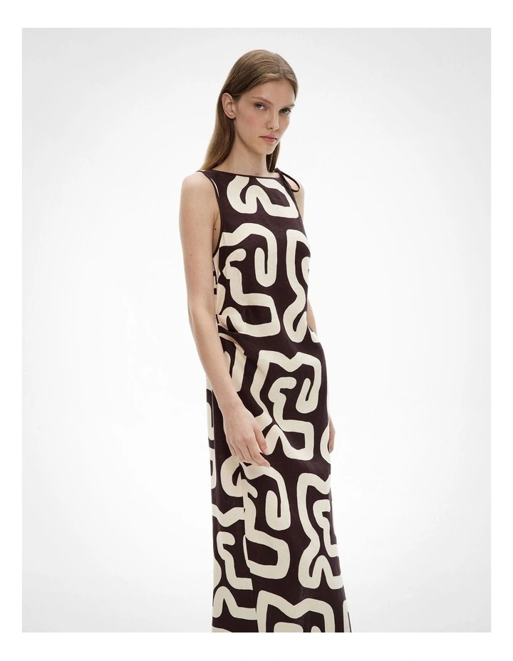 Tie Shoulder Midi Dress in Espresso Block Print image 2