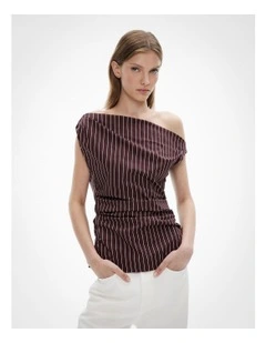 Asymmetric Shoulder Top in Espresso Stripe