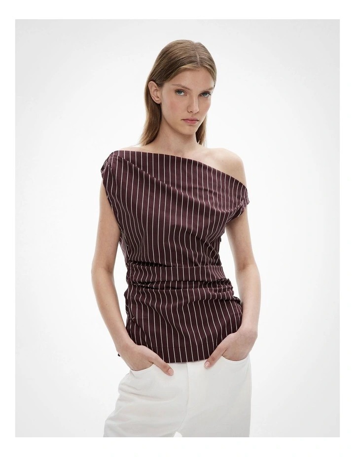 Asymmetric Shoulder Top in Espresso Stripe image 1