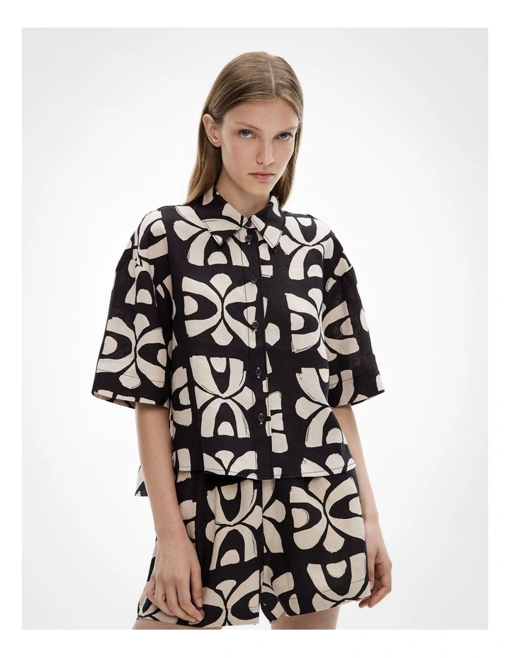 Short Sleeve Printed Linen Shirt in Black Tile Print image 1
