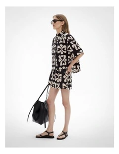 Printed Linen Shorts in Black Tile Print