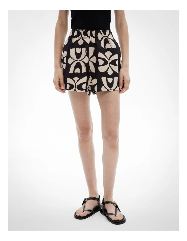 Printed Linen Shorts in Black Tile Print image 2