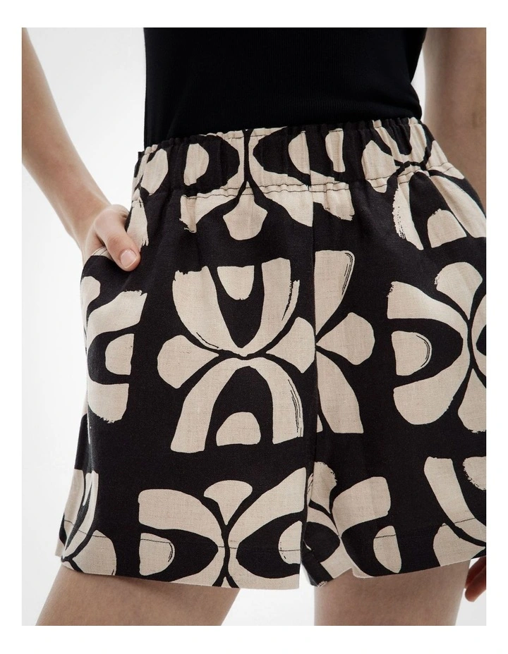 Printed Linen Shorts in Black Tile Print image 3