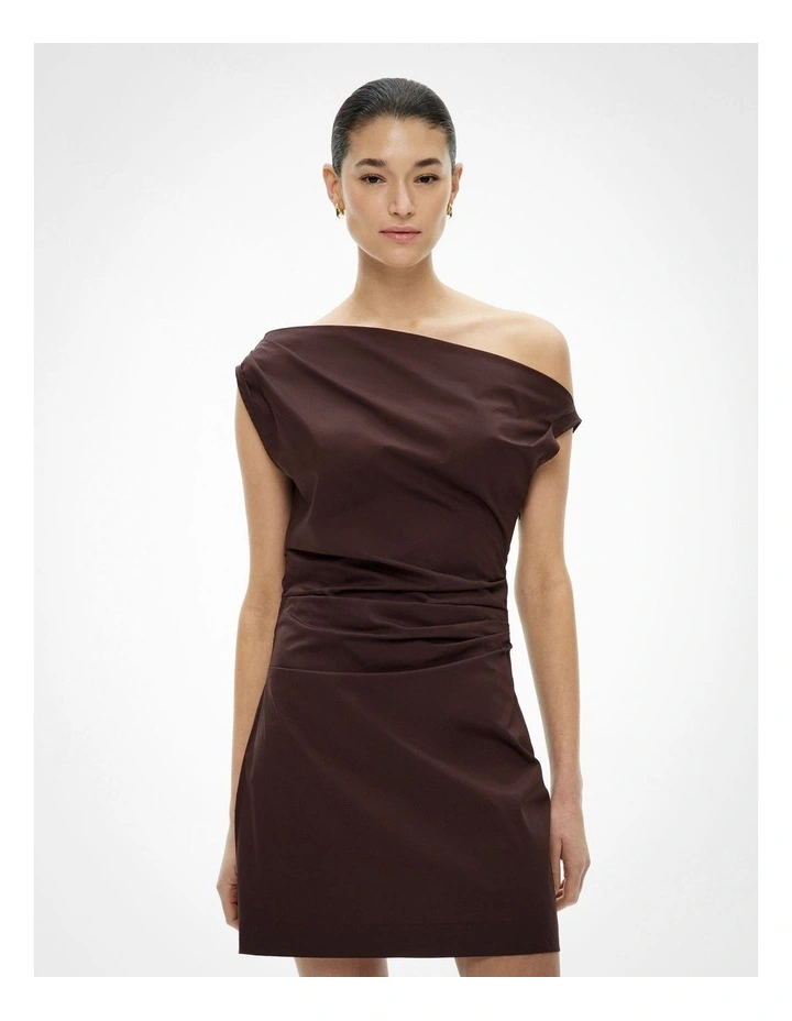 Asymmetric Shoulder Mini Dress in Espresso image 1
