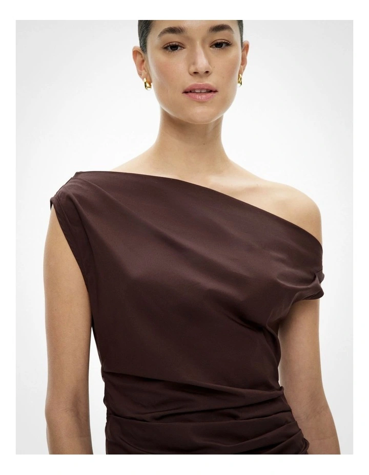 Asymmetric Shoulder Mini Dress in Espresso image 2