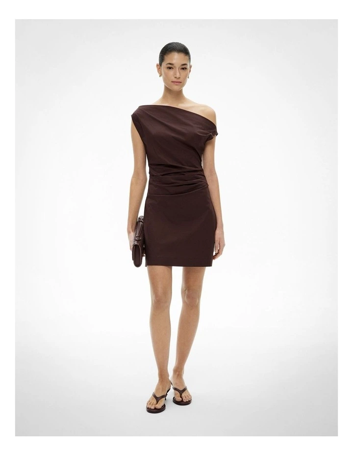 Asymmetric Shoulder Mini Dress in Espresso image 3