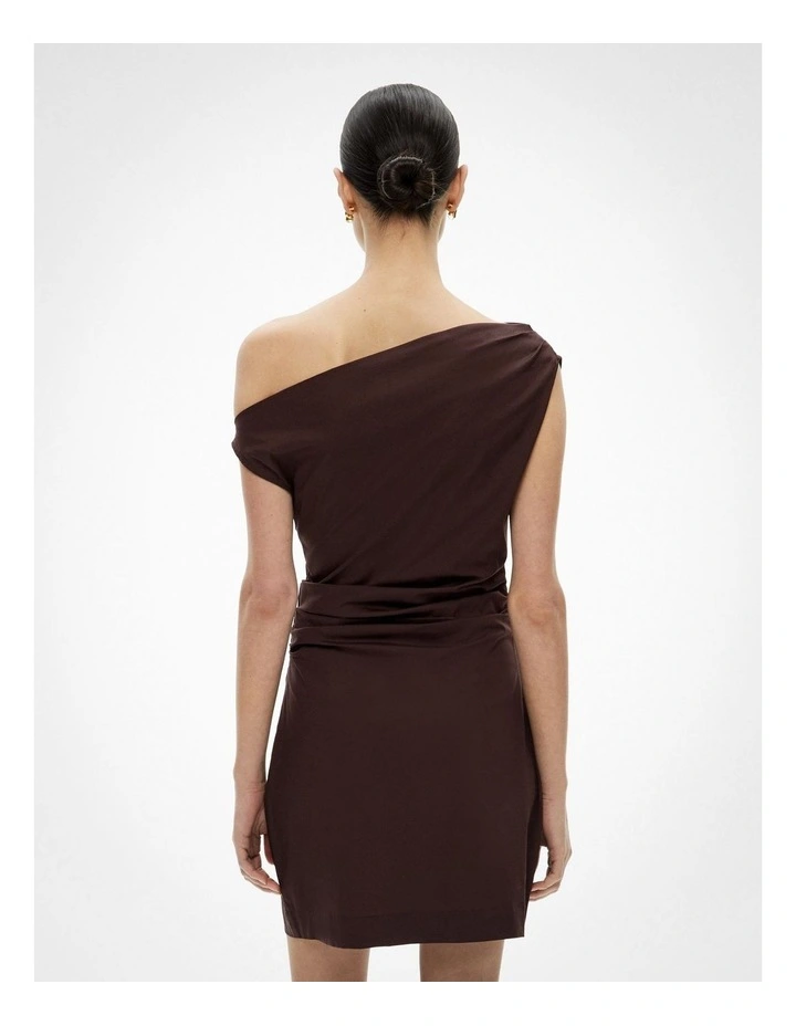 Asymmetric Shoulder Mini Dress in Espresso image 4