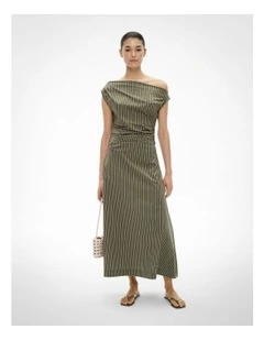 Asymmetric Shoulder Dress in Sage Stripe