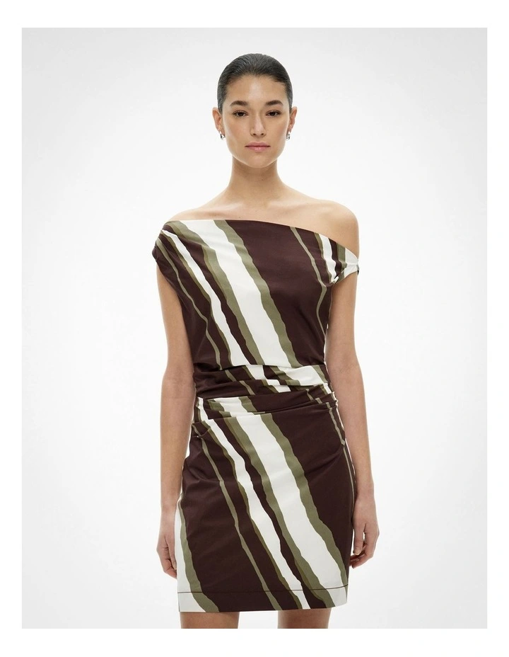 Asymmetric Shoulder Mini Dress in Multi Stripe image 2
