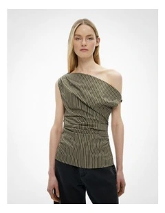 Asymmetric Shoulder Top in Sage Stripe