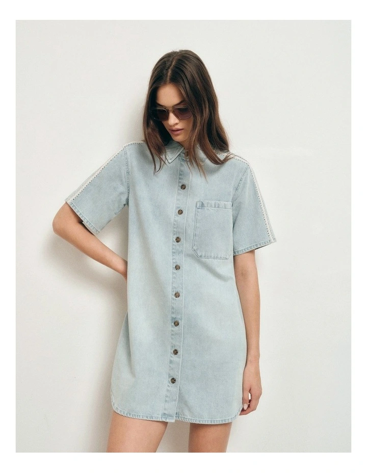 Stitch Detail Denim Dress in Light Vintage Wash image 1