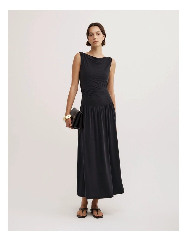 Draped Boat Neck Dress in Black image 1