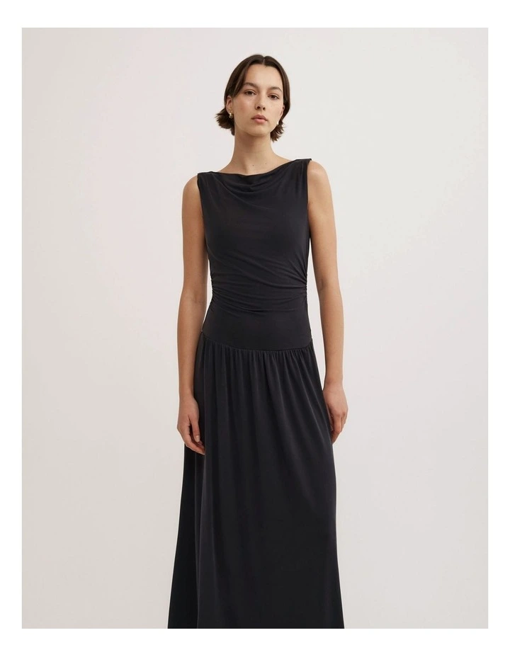 Draped Boat Neck Dress in Black image 2
