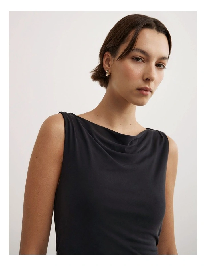 Draped Boat Neck Dress in Black image 3