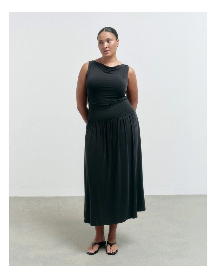 Draped Boat Neck Dress in Black image 6