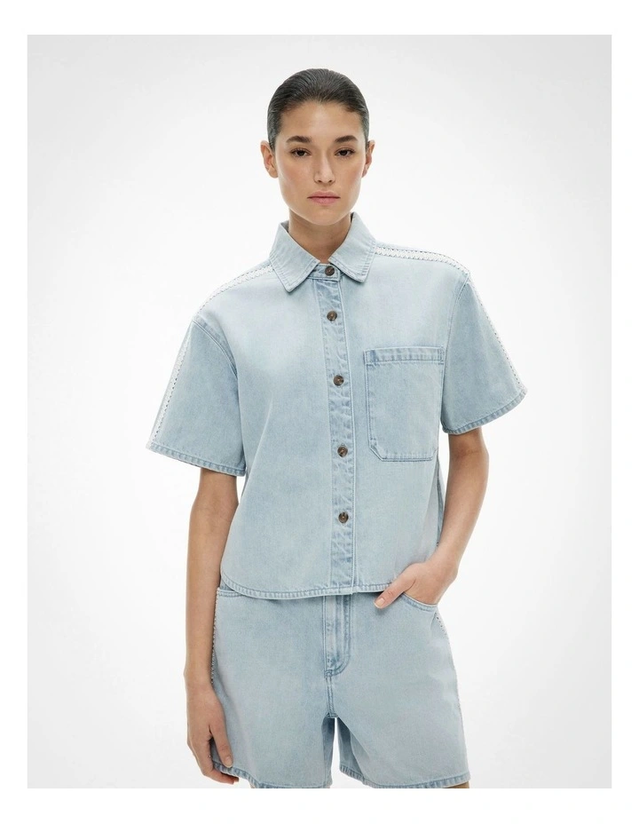 Stitch Detail Denim Shirt in Light Vintage Wash image 1