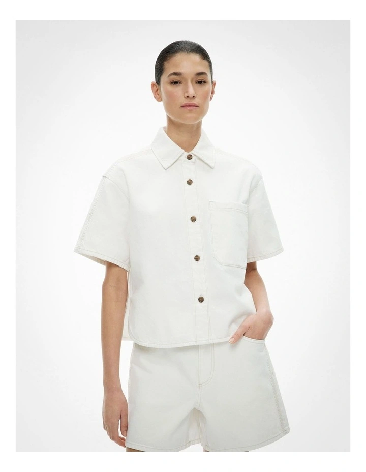 Stitch Detail Denim Shirt in Parchment image 1