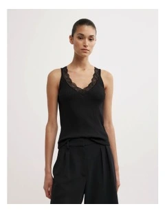 Lace Rib Tank Top in Black