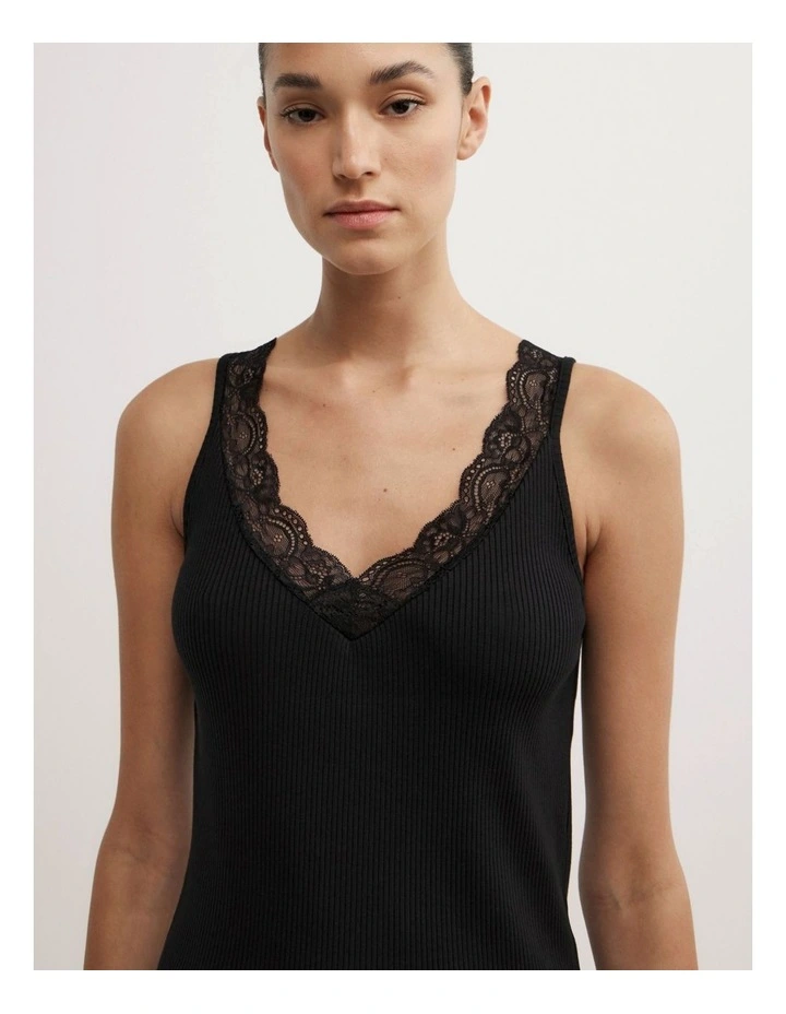 Lace Rib Tank Top in Black image 3
