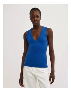 Fine Rib V-neck Tank Top in Cobalt