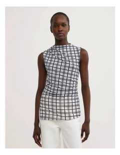 Asymmetric Mesh Tank Top in Blue Check