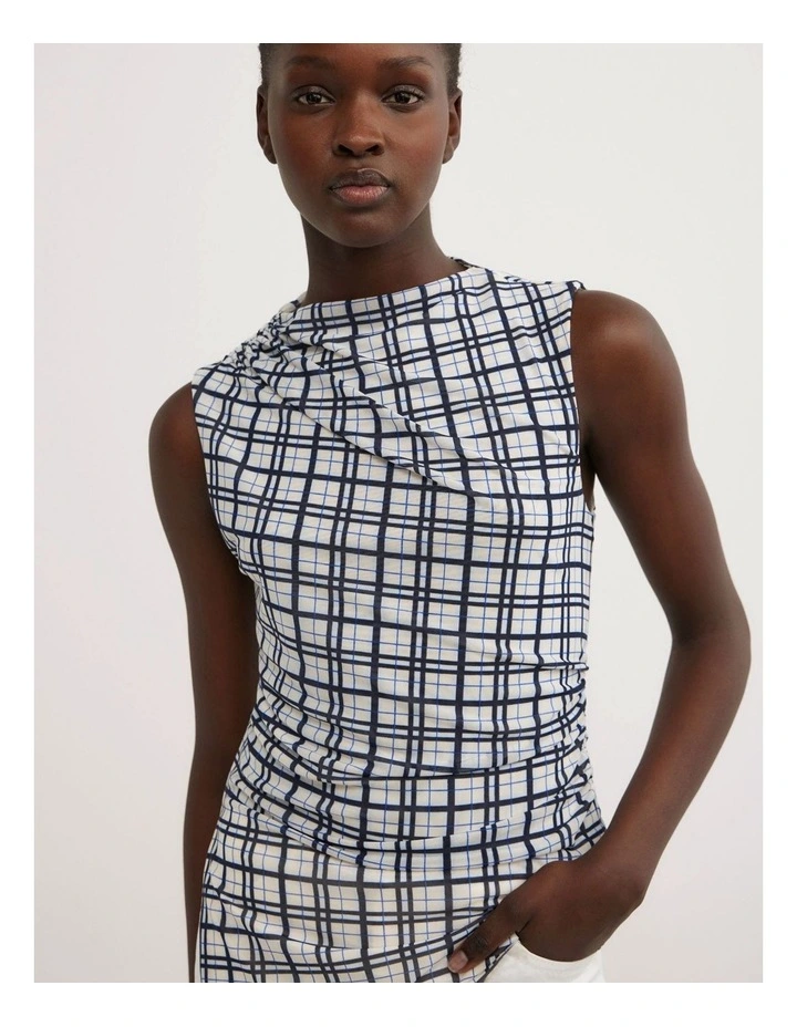 Asymmetric Mesh Tank Top in Blue Check image 3