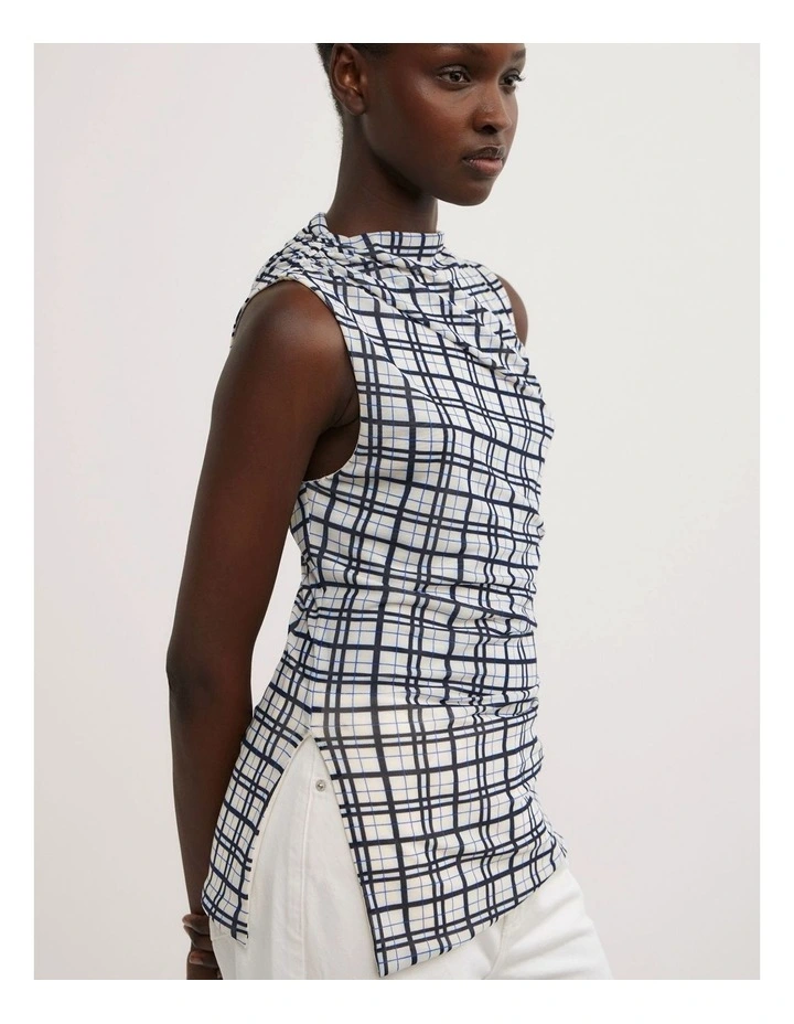 Asymmetric Mesh Tank Top in Blue Check image 4