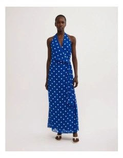 Wrap Halter Dress in Cobalt Spot