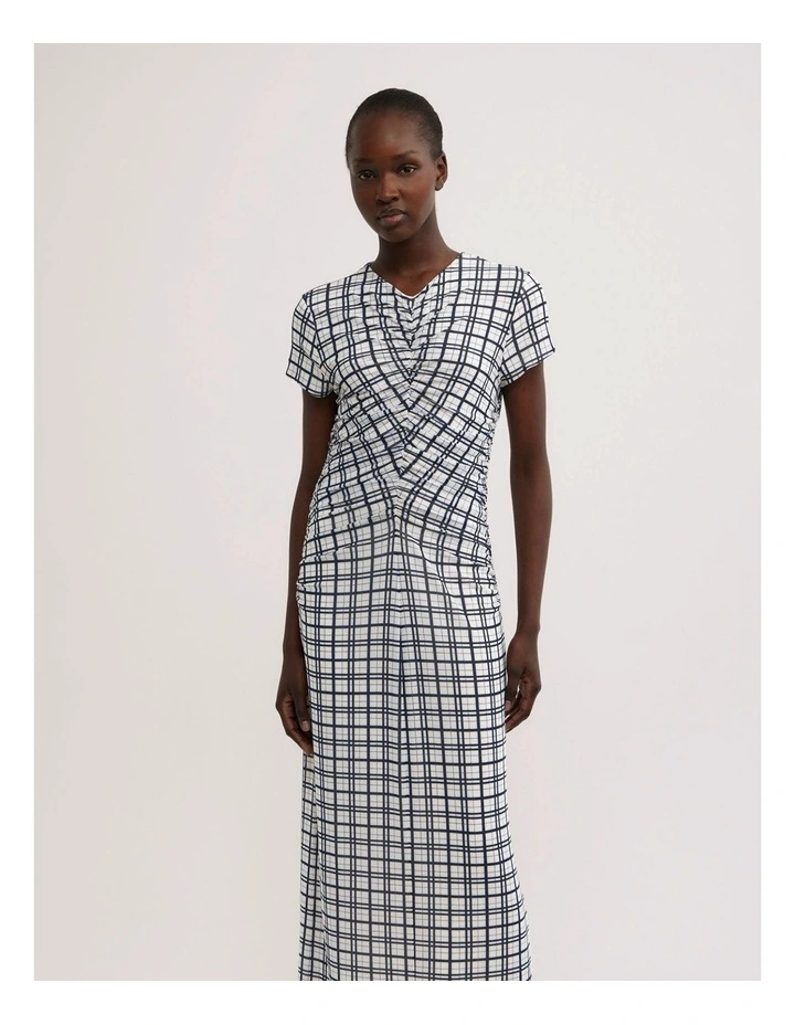 Gather Mesh Dress in Blue Check image 2