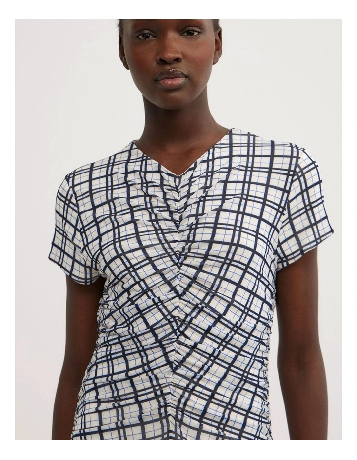 Gather Mesh Dress in Blue Check image 4