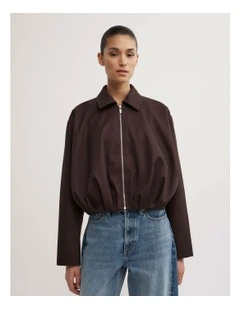 Gathered Hem Bomber Jacket in Espresso