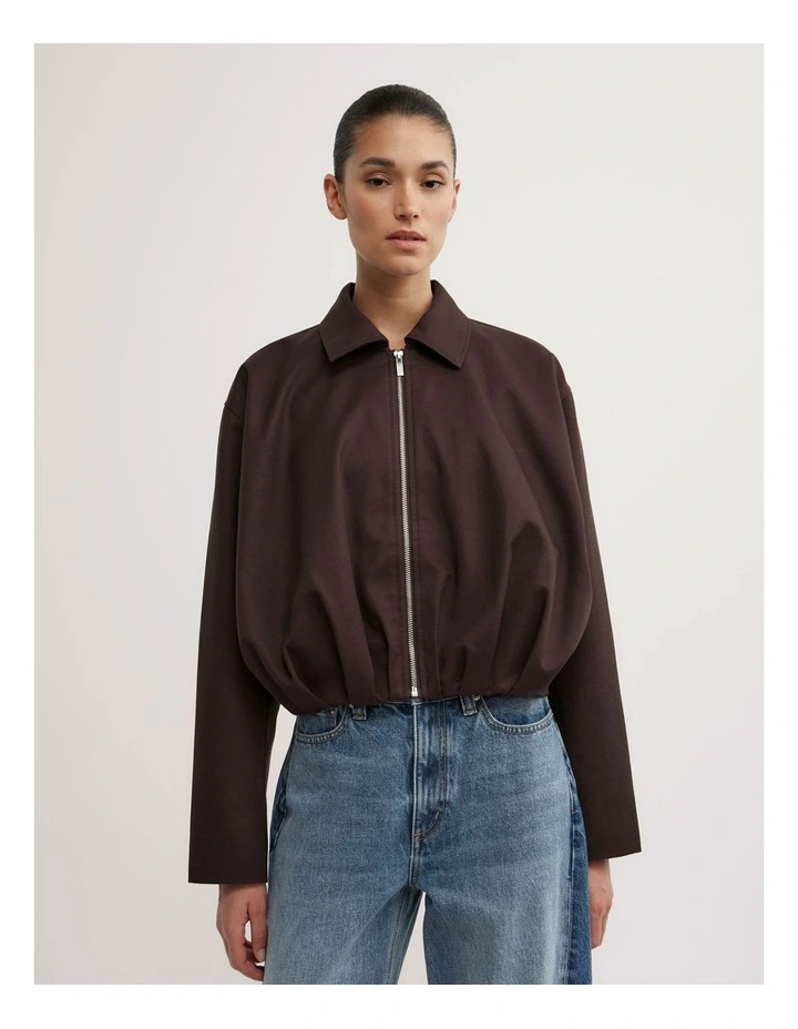 Gathered Hem Bomber Jacket in Espresso image 1