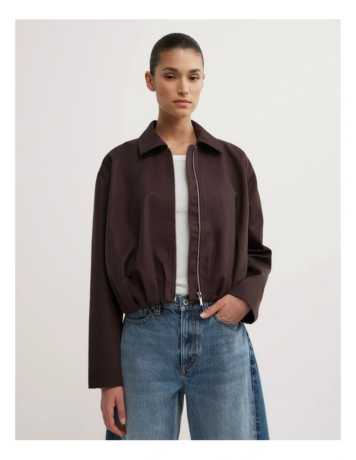 Gathered Hem Bomber Jacket in Espresso image 3
