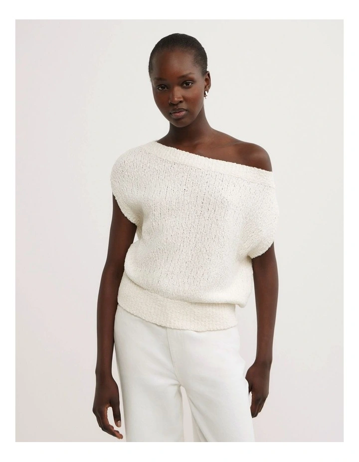 Textured Asymmetric Knit Tank Top in Chalk image 1