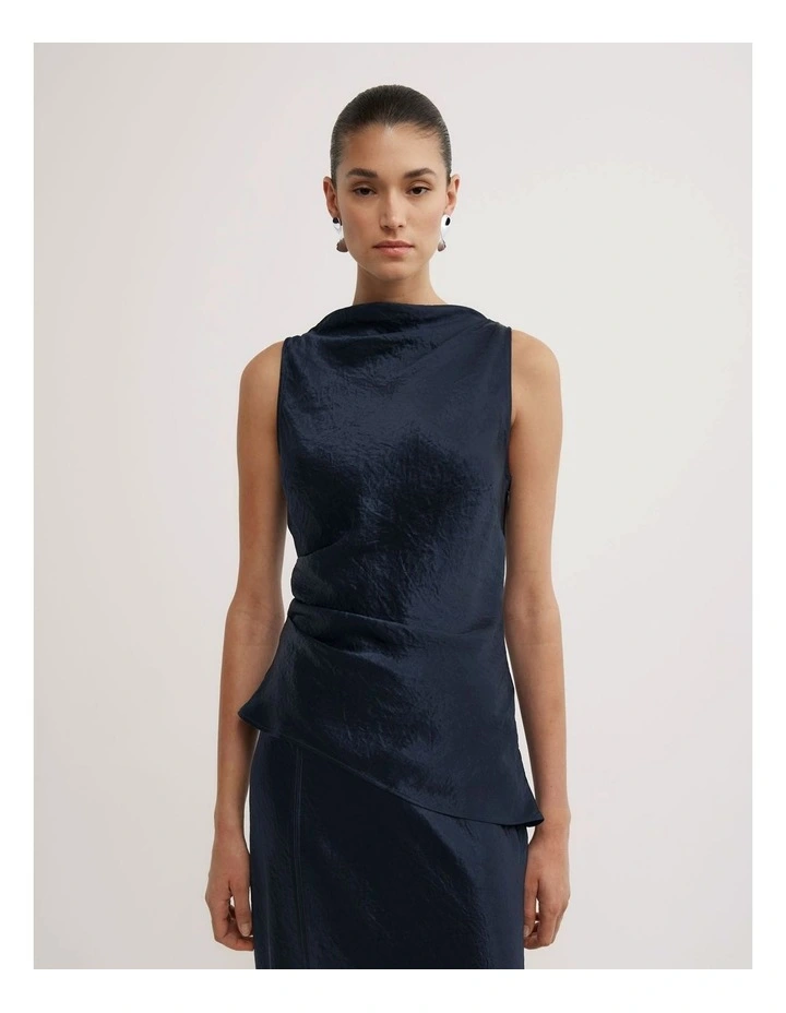 Crinkle High Neck Top in Navy image 1
